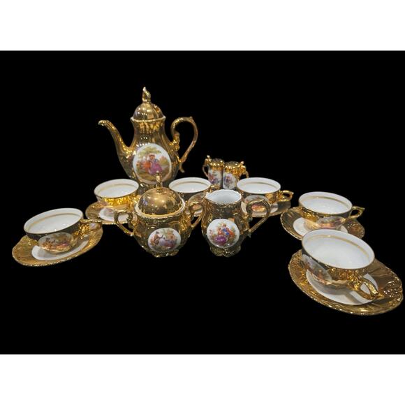 VTG antique Bavarian Germany gold 22K demitasse tea set salt & pepper 19 pce